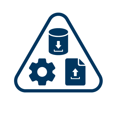 Ícono de descarga, engrane y subida de documento, representando ETL: Extract, Transform & Load