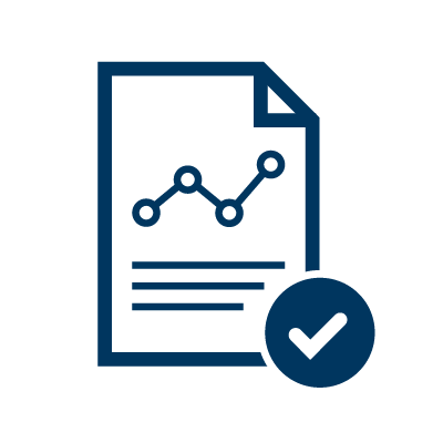 Ícono de documento con gráfica y un círculo con marca de verificación, representando validación de doumento